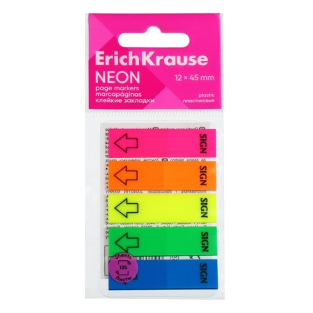 Bookmarks with adhesive edge plastic 12x45 mm, Erichkrause "Neon", 125 sheets 5 colors-2