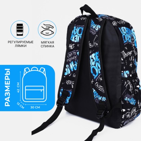 A backpack with a zipper, 3 external pockets, blue/black color-1
