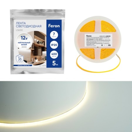 Feron 5 m, IP20, COB LED strip, 400 LED/m, 7 W/m, 12 V, glow of white
