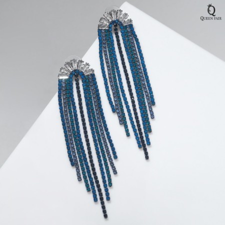 Hanging earrings with rhinestones "Waterfall" fan, blue color in gray metal, 9.5 cm-1