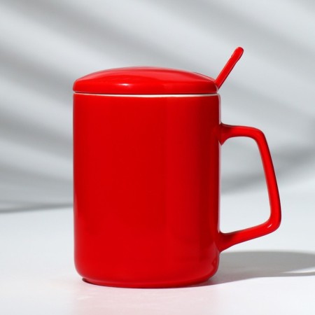 Ceramic mug with a spoon and lid "Penguins", 400 ml, red color-8