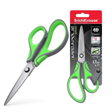 Scissors Erichkrause Megapolis Ergo, 17 cm, with improved 4D-switches, do not rust, handles with rubber inserts, in the blist
