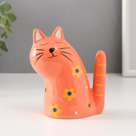 Souvenir Ceramics "Kitty red, with flowers, tail pipe" 10.2x6.3x12.3 cm