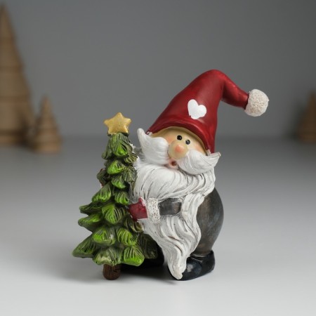 Polystone souvenir "Santa Claus in a red cap with a heart, with a green Christmas tree" 6.5x4x9 cm