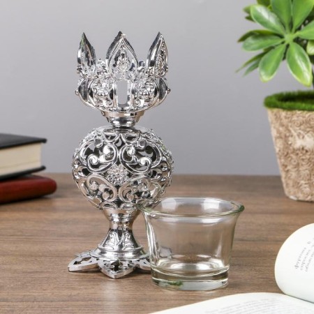 Climber Plastic, glass for 1 candle "openwork ball" glass on the leg silver 15x6x6 cm-2