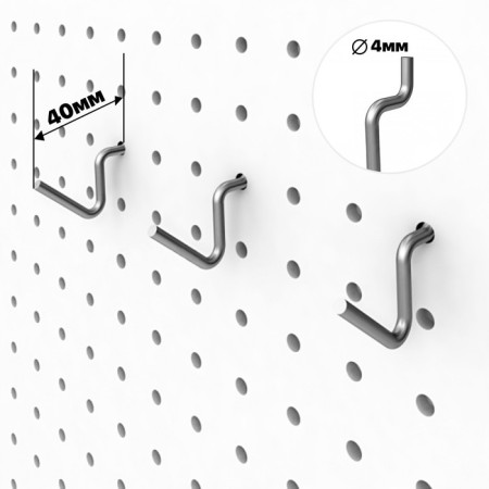 A hook bent with a hook 30 mm on a perforated chipboard panel, d = 4 mm, color chrome