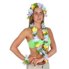 Set of Hawaiian theme 4 in 1: necklace, wreath, 2 bracelets, multicolored flowers