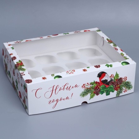 Folding box for 12 cupcakes with the Bullfinch window, 32.8 x 25.6 x 10 cm, New Year