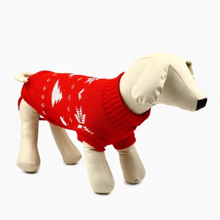 Clothing for dogs. Knitted sweater with "New Year" ornament, red, size L-1