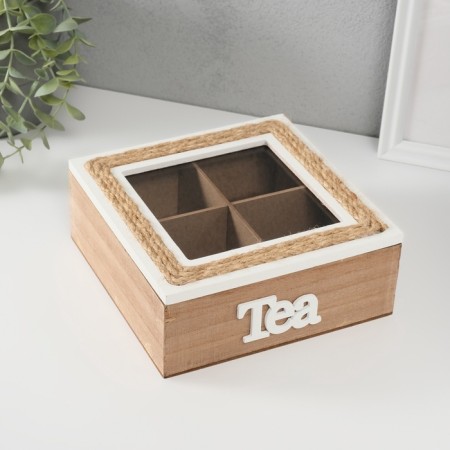 Casket tree with divisions "Tea with a frame of jute" 23.5x23.5x7 cm