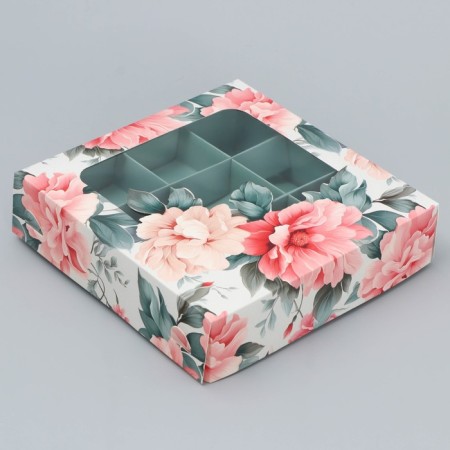 Box for sweets, confectionery packaging, 9 cells, “tenderness inside”, 14.7 x 14.7 x 3.5 cm