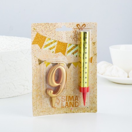 Candle for cake the number "9", "Oval + fountain" Golden-1