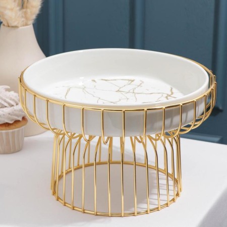 Ceramic dessert stand on a metal stand “Bohemia. Gold ", 26 × 16.5 cm, white color
