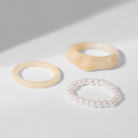 Ring set 3 pieces "Crystals" pearls, beige-white color, size mix-1