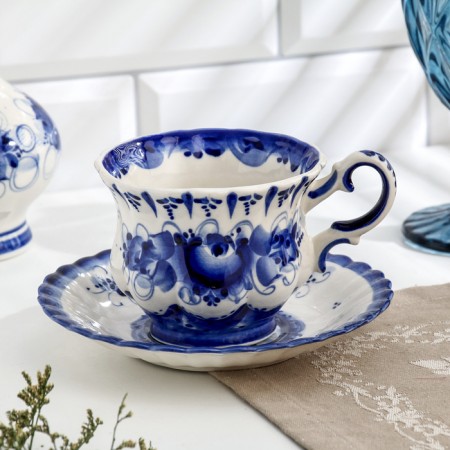 Tea pair "Tent", gzhel, porcelain, 9x15 cm