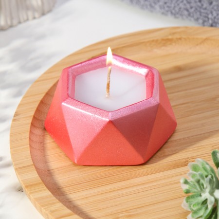Candle "Hexagon. Marble" in a candlestick of gypsum is small, 7x3.5cm, pink