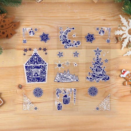 A set of stickers on the windows "New Year" blue, Christmas tree, house, 37 x 37 cm-1