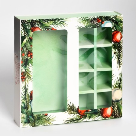 New Year. Box for 8 sweets and chocolate, with the window "Miracles" happen ", 17.7 x 17.8 x 3.8 cm, confectionery packaging-1