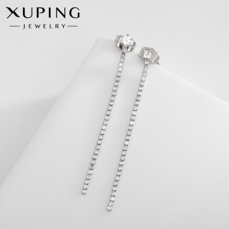 Earrings with Xuping rhinestones hanging, sketch, white color in silver