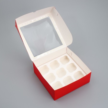 Folding box for 9 cupcakes with a “Happy New Year” window, snowflakes, 25 x 25 x 10 cm, new year-2