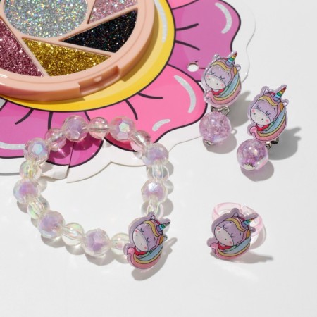 Set of children's 4 items: clips, ring, bracelet, glitter "unicorn", color-1