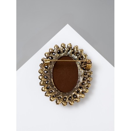 Brooch "Kame" in rhinestones, brown color in black gold-2