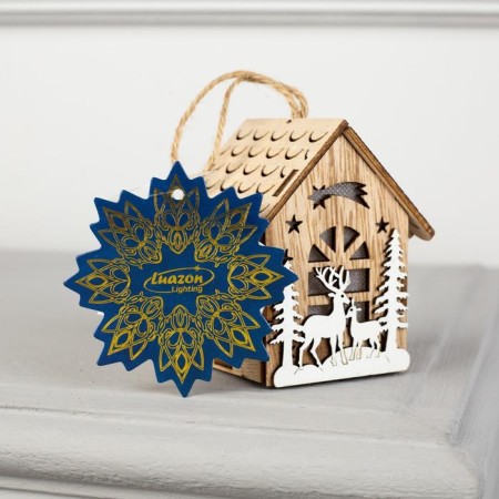 Christmas tree toy "House with deer", from batteries, glow warm white-3