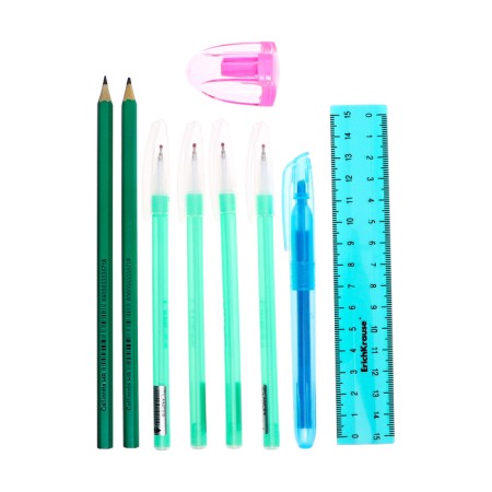 Cleaning set 10 objects (pencil case is 65 x 210 mm, pens 4 pieces Blue, ruler 15 cm, sharpener, pencil 2 pieces, textbook), turquoise-9
