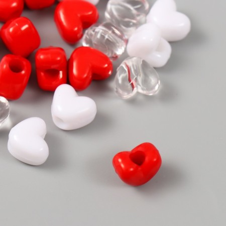 Plastic beads "Heart. Red, white, transparent" set of 20 g 1.2x0.9x0.8 cm-2