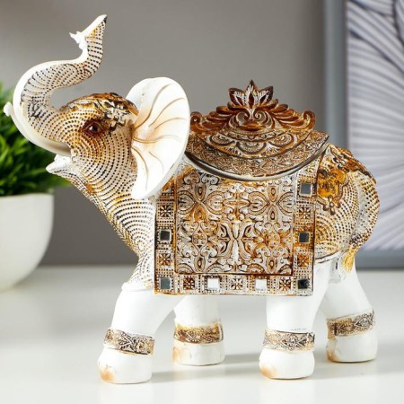 Souvenir Polystone Casket "White Elephant with a blanket from the Arab carpet" 17.5x17.5x6.3 cm