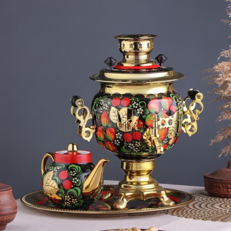 Khokhloma set, oval, 3 objects, samovar 3 l, a teapot 0.7 l, tray-1