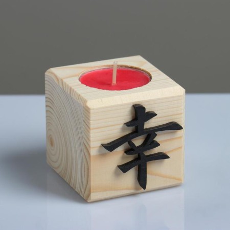 Candle in a wooden candlestick "Cube, hieroglyphs. Luck", 6x6x6 cm, cherry aroma