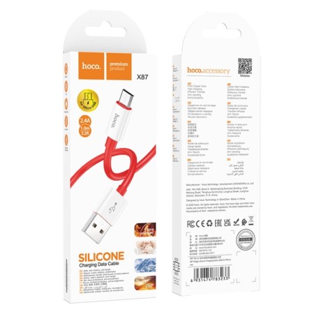 Hoco X87, MicroUSB - USB, 2.4 A, 1 m, silicone braid, red-3