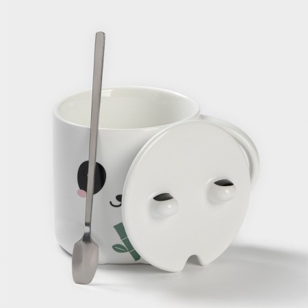 Ceramic mug with a spoon "Panda", 350 ml, white color-1