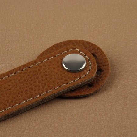 The fastener is sewn for a bag, on a button, made of genuine leather, 13.5 × 2.5 cm, brown/silver color-1