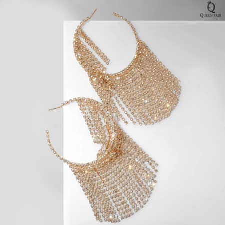 Hanging earrings with rhinestones "Waterfall" threads on large rings, white color in gold, 12 cm-1