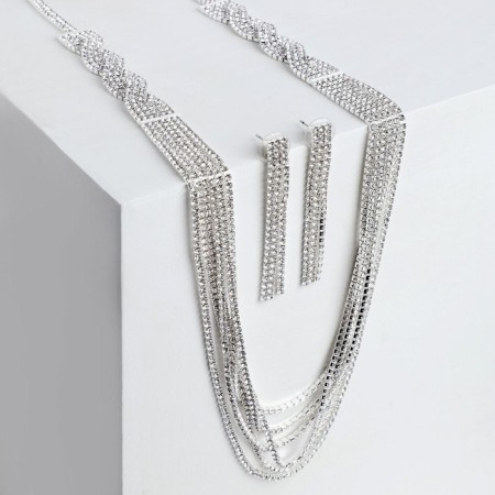 Set 2 objects: earrings, necklace "ice" pigtail, 80cm, white color in silver, 80cm