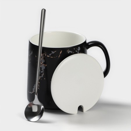 Ceramic mug with a spoon "Black marble", 350 ml, black color-1