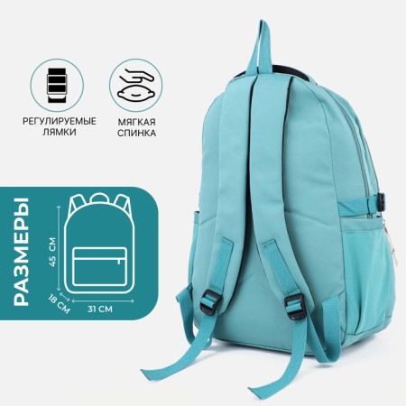 A backpack with a zipper, 4 external pockets, turquoise color-1