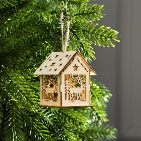 Christmas tree toy "House with a deer", from batteries, a glow of warm white-1