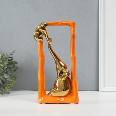 Souvenir Ceramics "Elephant with an elephant - support. Rectangle" Orange with gold 5.5x13.5x26 cm 1032365