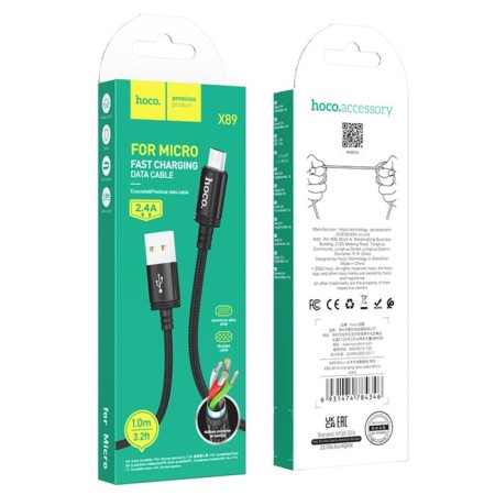Hoco X89, Micro USB - USB, 2.4 A, 1 m, woven wire, black-5