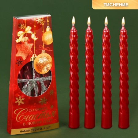 New Year's candles twisted "Happiness in the New Year", without aroma, set 4 pcs, height 15 cm-1