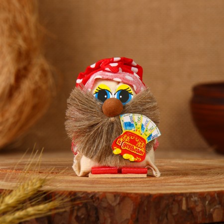The amulet "Domovyen", in a cap with a wallet, 9 cm, linen, mix