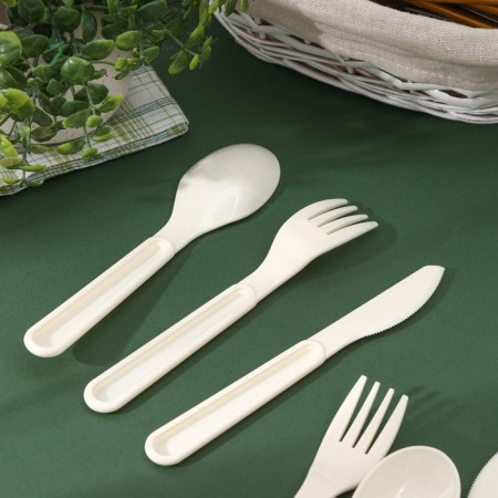 A set of cutlery for 2 people, 6 items: 2 forks, 2 spoons, 2 knives, beige color-3