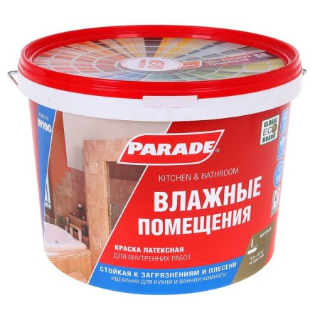 Matte latex paint for wet rooms Parade W100, base A, white, 9.0 liters