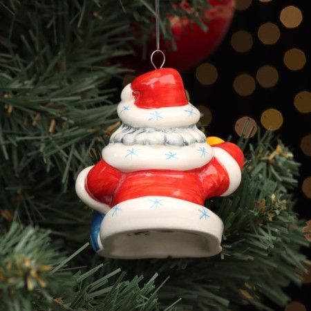Fir -tree porcelain toy "Santa Claus with a clock", Red fur coat, 8 cm-2