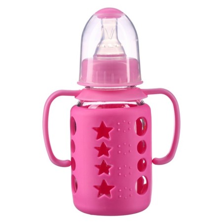 A bottle in a silicone case, with handles, glass, classic throat, 120 ml., +0 months, pink color-1