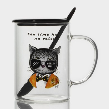 Glass mug with a ceramic lid and a spoon "Hipster", 450 ml, Mix drawing-10