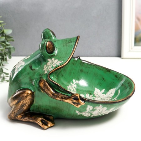 Souvenir Polystone stand "Frog with flowers" aged green 18x26 cm-1